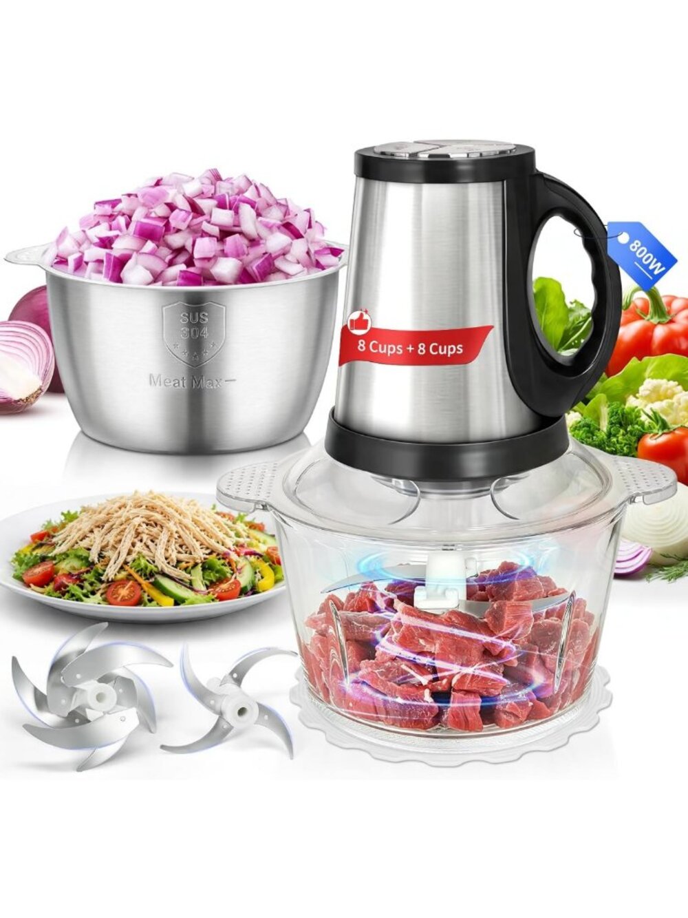 Versatile 800W Food Processor with 2 Bowls (8 Cups Each) - Chopper & Grinder